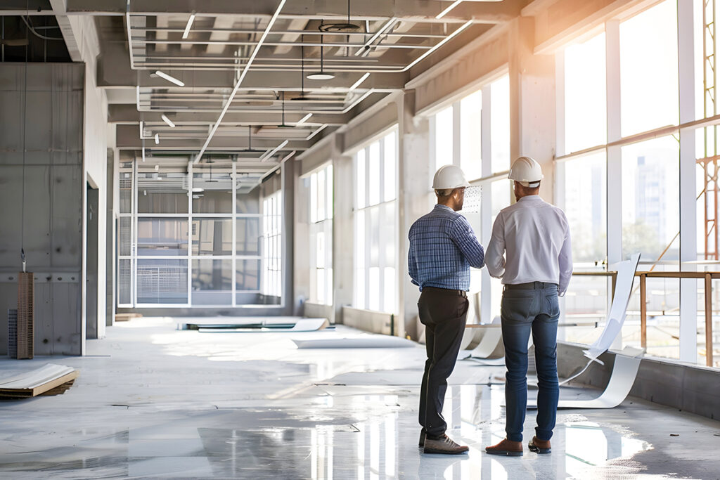 Two professionals in hard hats discussing construction plans for budget management.