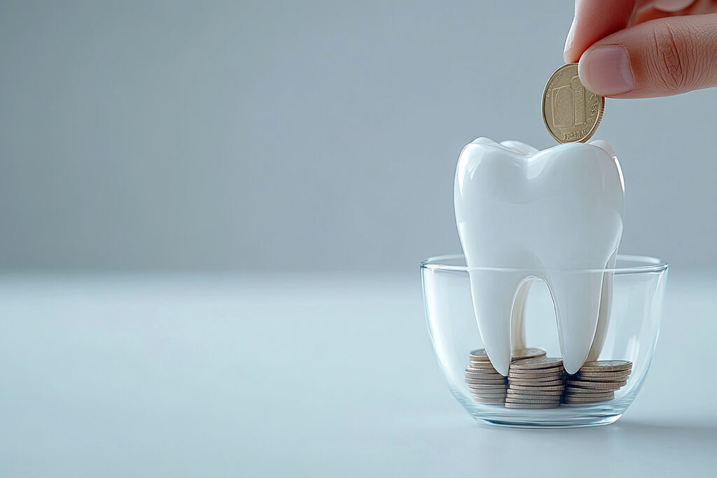 Hand placing a coin into a glass filled with coins and a tooth model, symbolizing financial strategies to recession-proof a dental practice.
