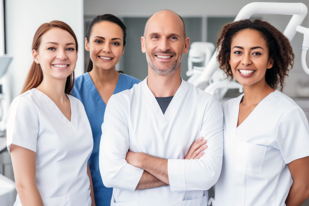 Smiling dental team standing together, representing best staffing practices in a dental practice.