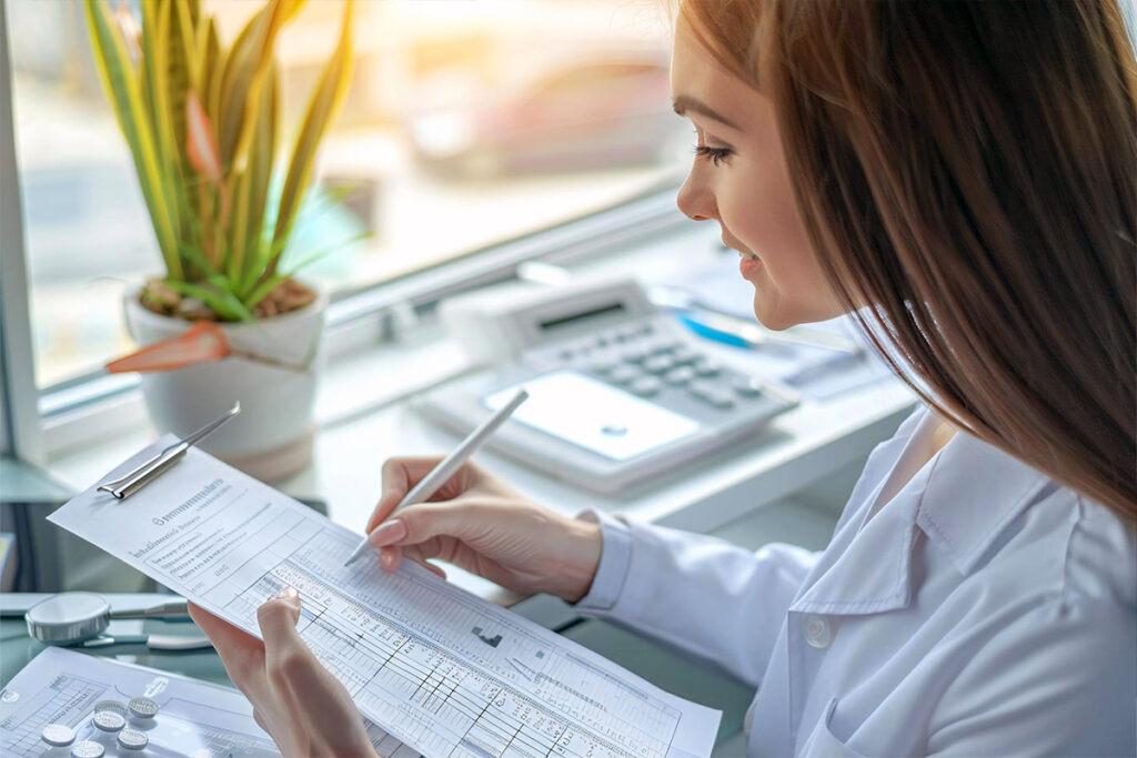 Smiling female dental professional reviewing financial documents at her desk, symbolizing the steps to building a successful dental business.