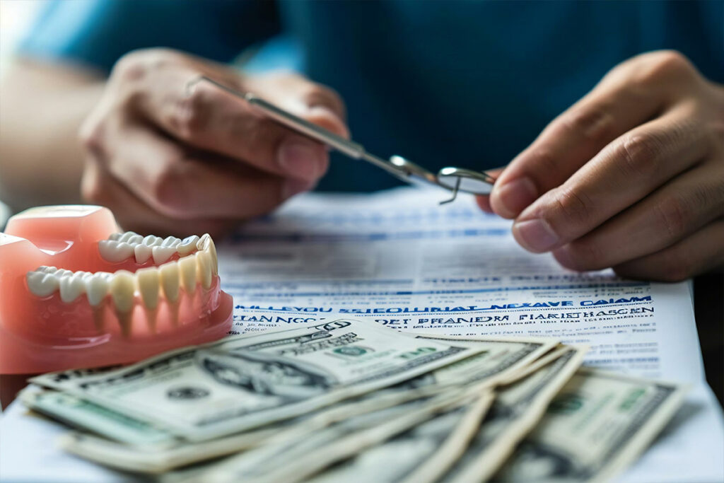 Dental tools, dentures, and money on insurance paperwork symbolizing projected dental healthcare costs.