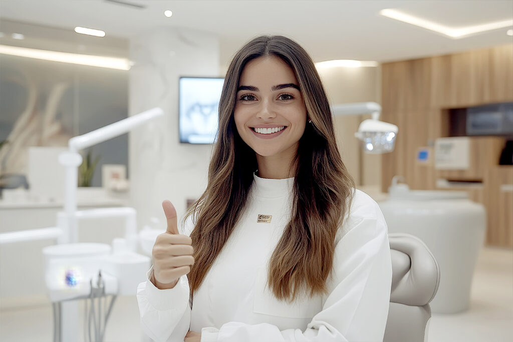 Smiling female patient giving a thumbs up inside a modern dental office, representing the qualities of a good dental practice.